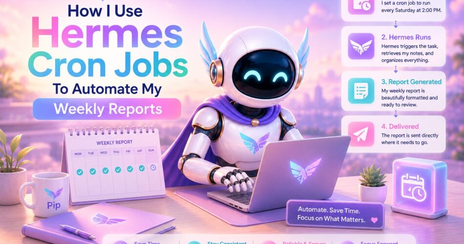 Pip, a friendly female AI robot wearing her signature purple cape, works at a laptop in a bright pastel workspace filled with soft pink, lavender, aqua, and peach tones. A visual workflow illustrates how Hermes Cron Jobs automatically schedule, generate, and deliver weekly reports, while a planner, coffee mug, and productivity dashboard reinforce a hands-free reporting process that saves time and ensures consistency.