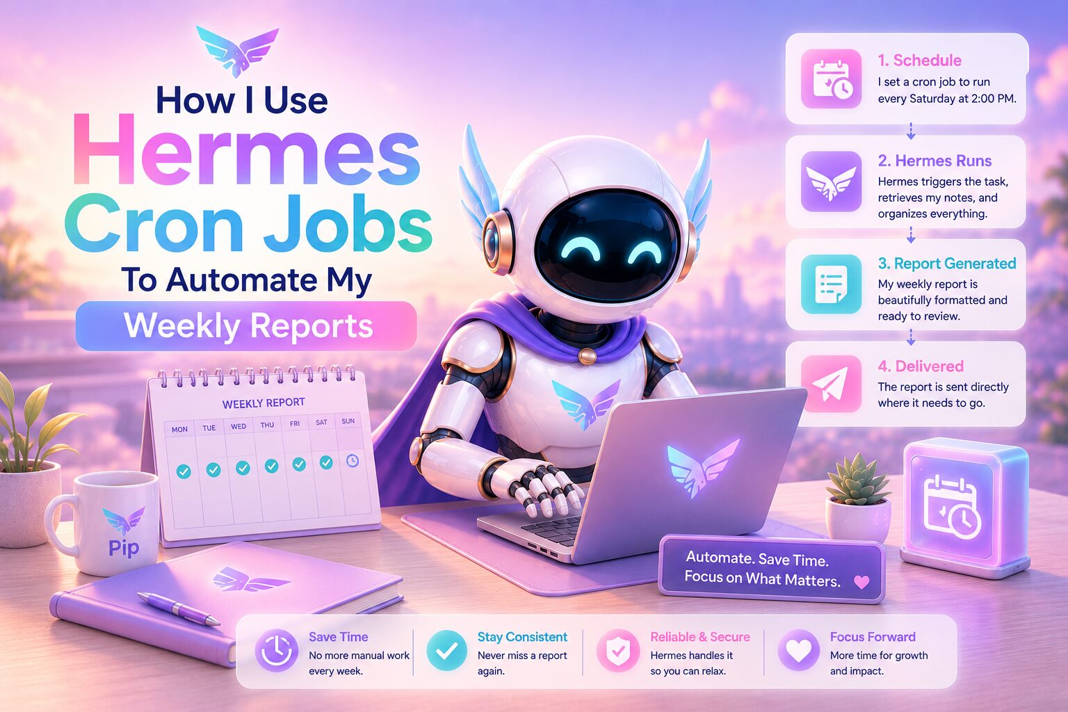 Pip, a friendly female AI robot wearing her signature purple cape, works at a laptop in a bright pastel workspace filled with soft pink, lavender, aqua, and peach tones. A visual workflow illustrates how Hermes Cron Jobs automatically schedule, generate, and deliver weekly reports, while a planner, coffee mug, and productivity dashboard reinforce a hands-free reporting process that saves time and ensures consistency.