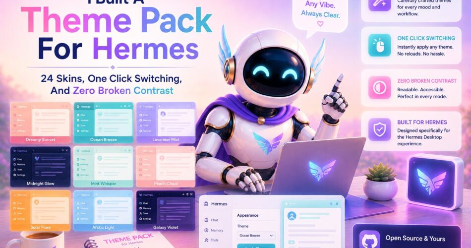 Pip, a friendly female AI robot wearing her signature purple cape, sits at a laptop in a bright pastel workspace while showcasing a Hermes theme pack. Colorful theme previews, a one-click theme switcher, and feature panels highlight 24 unique skins, seamless theme switching, accessible contrast, and a polished desktop experience, with soft pink, lavender, aqua, and peach gradients creating a modern, inviting atmosphere.