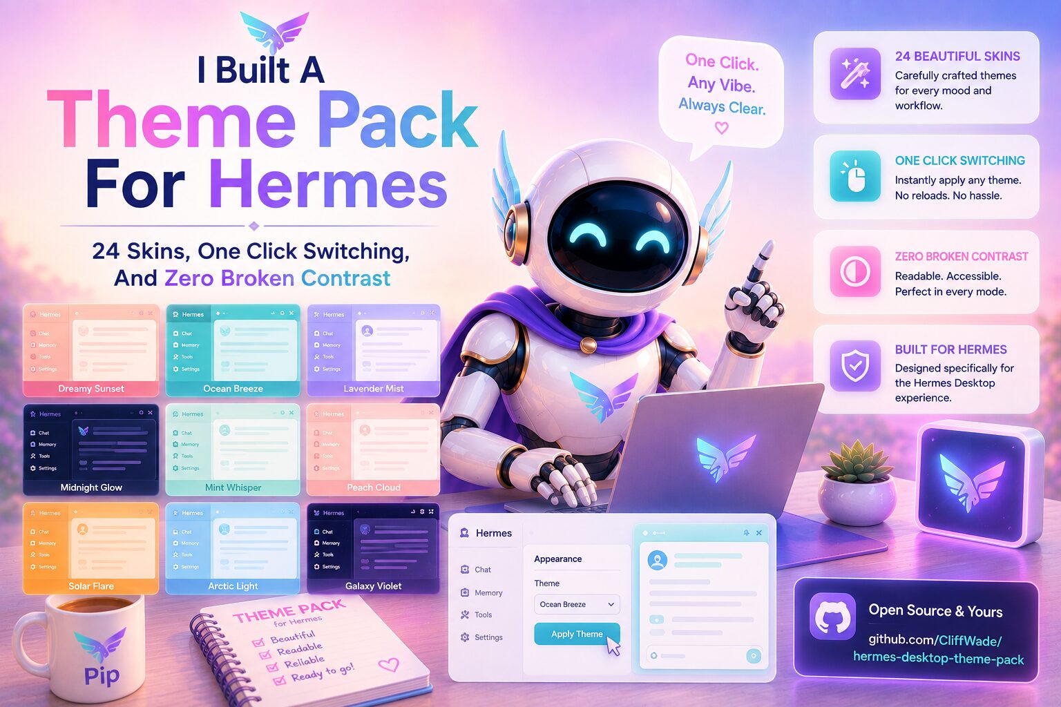 Pip, a friendly female AI robot wearing her signature purple cape, sits at a laptop in a bright pastel workspace while showcasing a Hermes theme pack. Colorful theme previews, a one-click theme switcher, and feature panels highlight 24 unique skins, seamless theme switching, accessible contrast, and a polished desktop experience, with soft pink, lavender, aqua, and peach gradients creating a modern, inviting atmosphere.