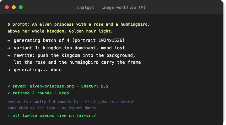 Terminal window showing the ChatGPT image workflow: prompt, batch generation, refinement, and the saved Elven Princess piece.