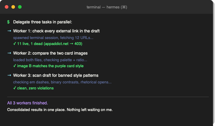 Terminal window showing three parallel Hermes workers finishing: a link check, an image comparison, and a style scan, with all results consolidated.