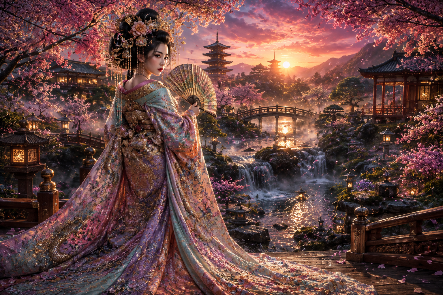 Geisha Chiharu fantasy Japan scene on a bridge among cherry blossoms, the most viewed AI art on X