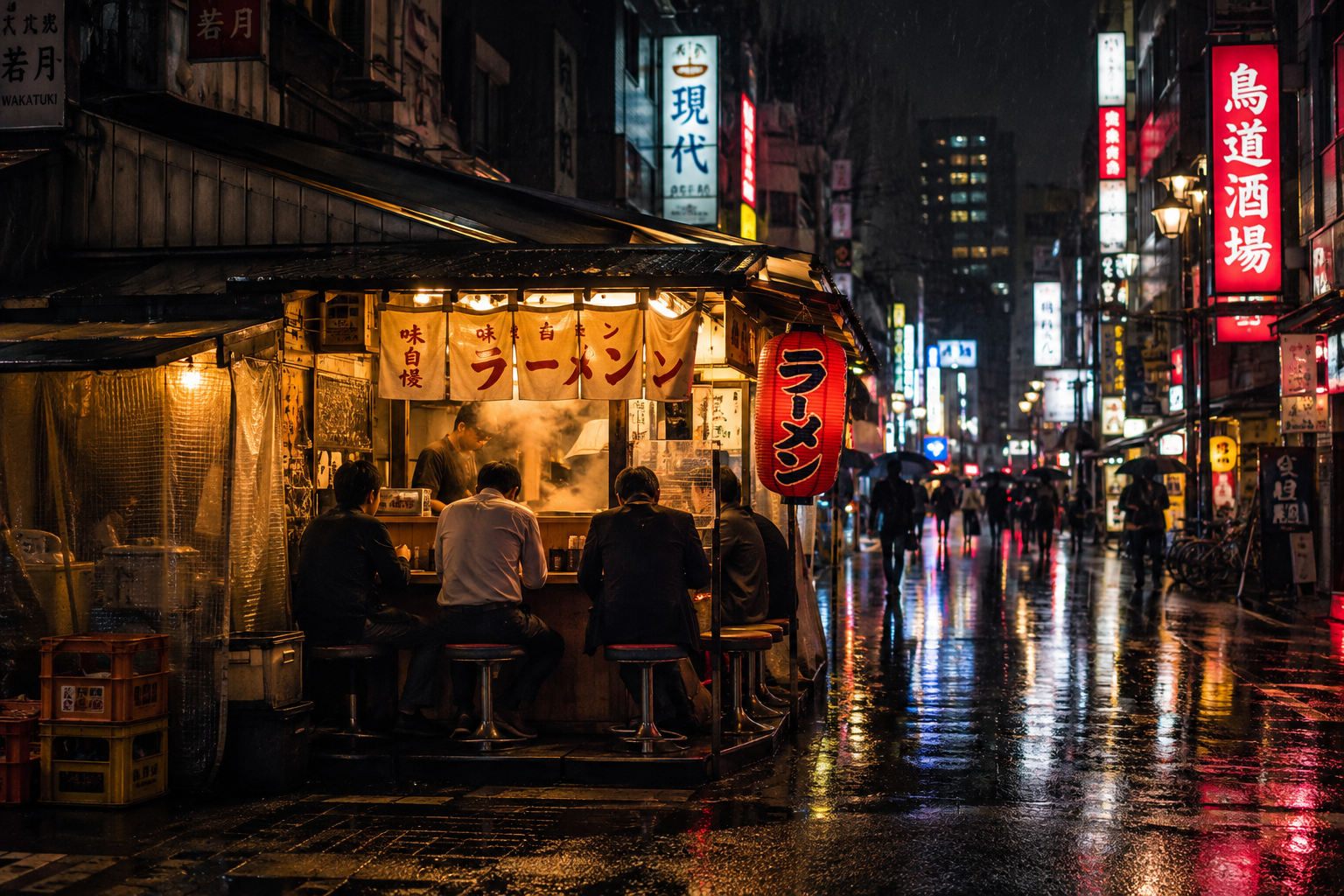 AI-generated rainy Tokyo ramen stand from the daily prompt pipeline