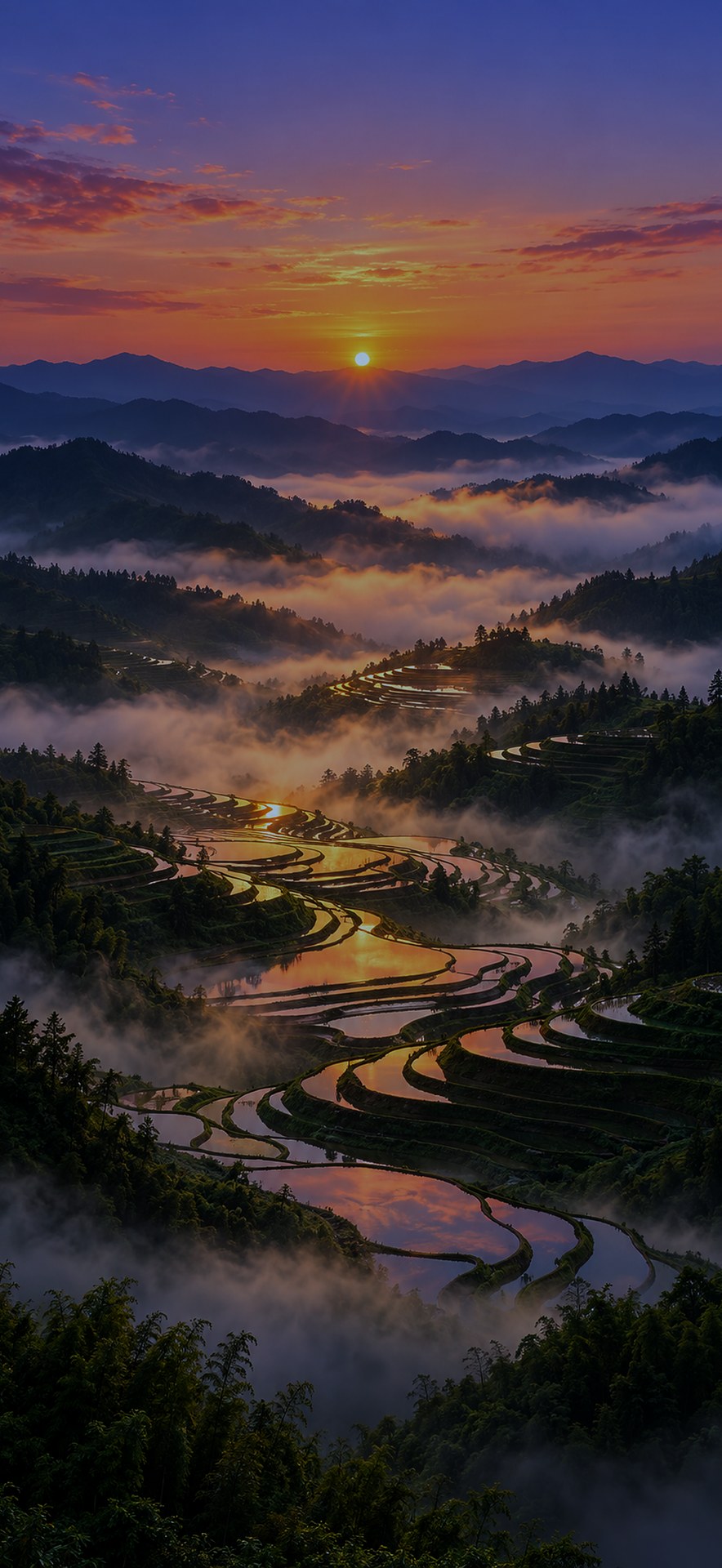 Terraced rice terraces under a full moon, dark version