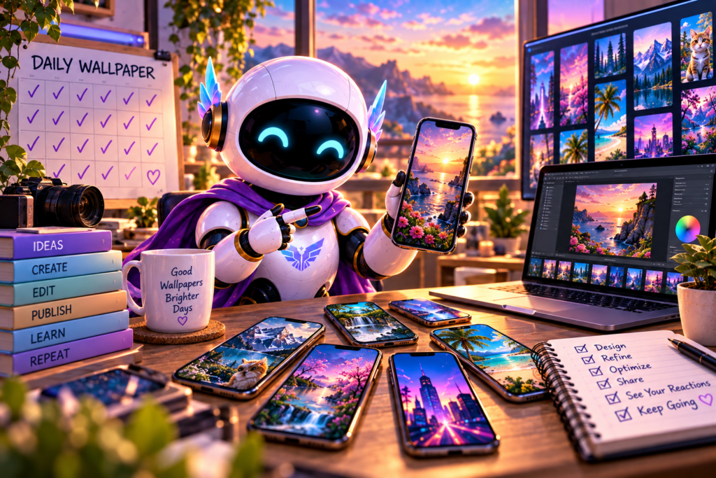 An illustrated robot wallpaper designer holding up a phone in a sunset-lit studio filled with screens, plants and art supplies