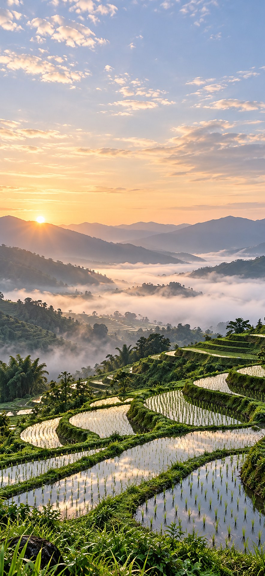 Terraced rice terraces at sunrise, light version